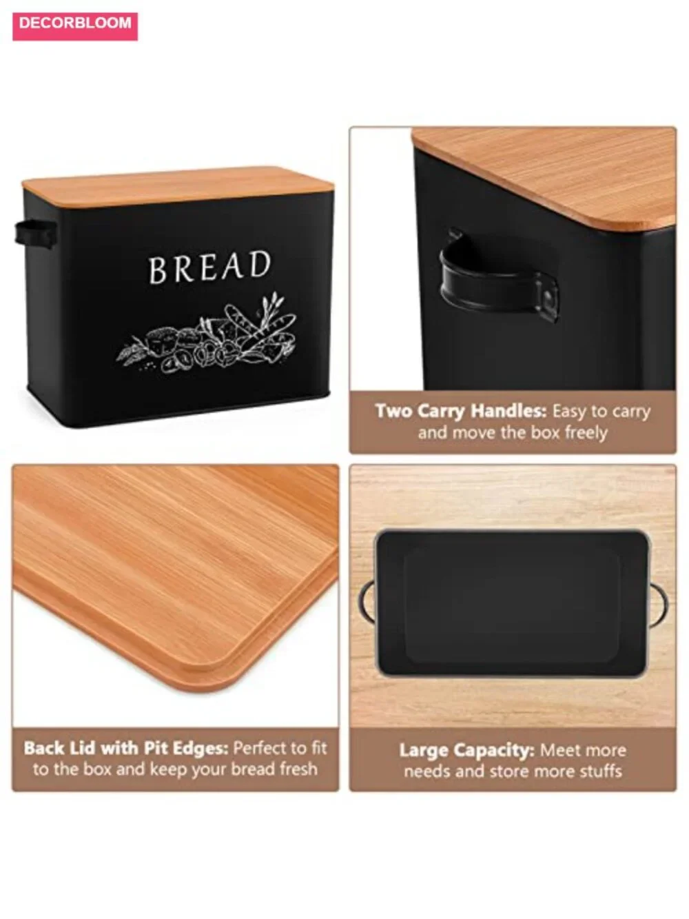 Metal Bread Box with Wooden Cutting Lid, Retro Modern, Large Capacity for 2+